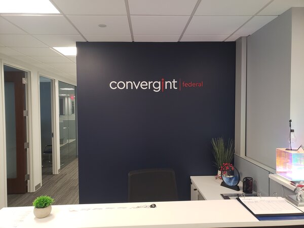 Office reception sign for Convergint installed in Virginia